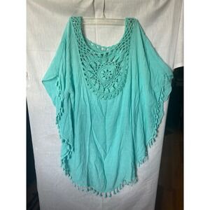 Turquoise Aqua Crochet Lace Poncho Top Tassel Fringe Beach Coverup One Size